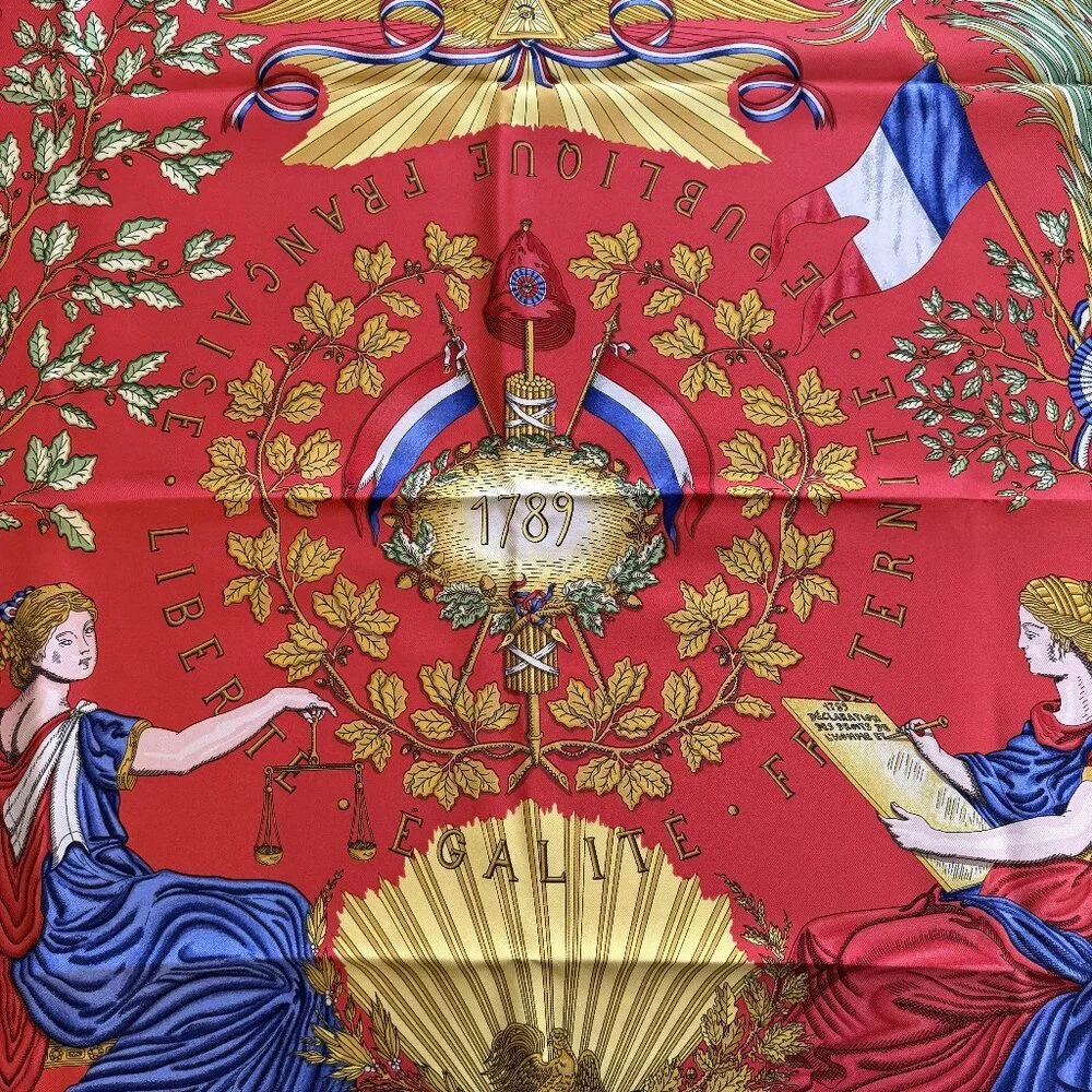 HERMES Vintage Republique Francaise Red Blue 90 cm Silk Square Scarf Box Good - Picture 10 of 16
